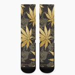 Gold Cannabis Leaf Pattern Print Crew Socks