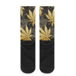 Gold Cannabis Leaf Pattern Print Crew Socks