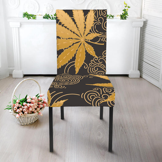 Gold Cannabis Leaf Pattern Print Dining Chair Slipcover