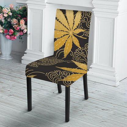 Gold Cannabis Leaf Pattern Print Dining Chair Slipcover