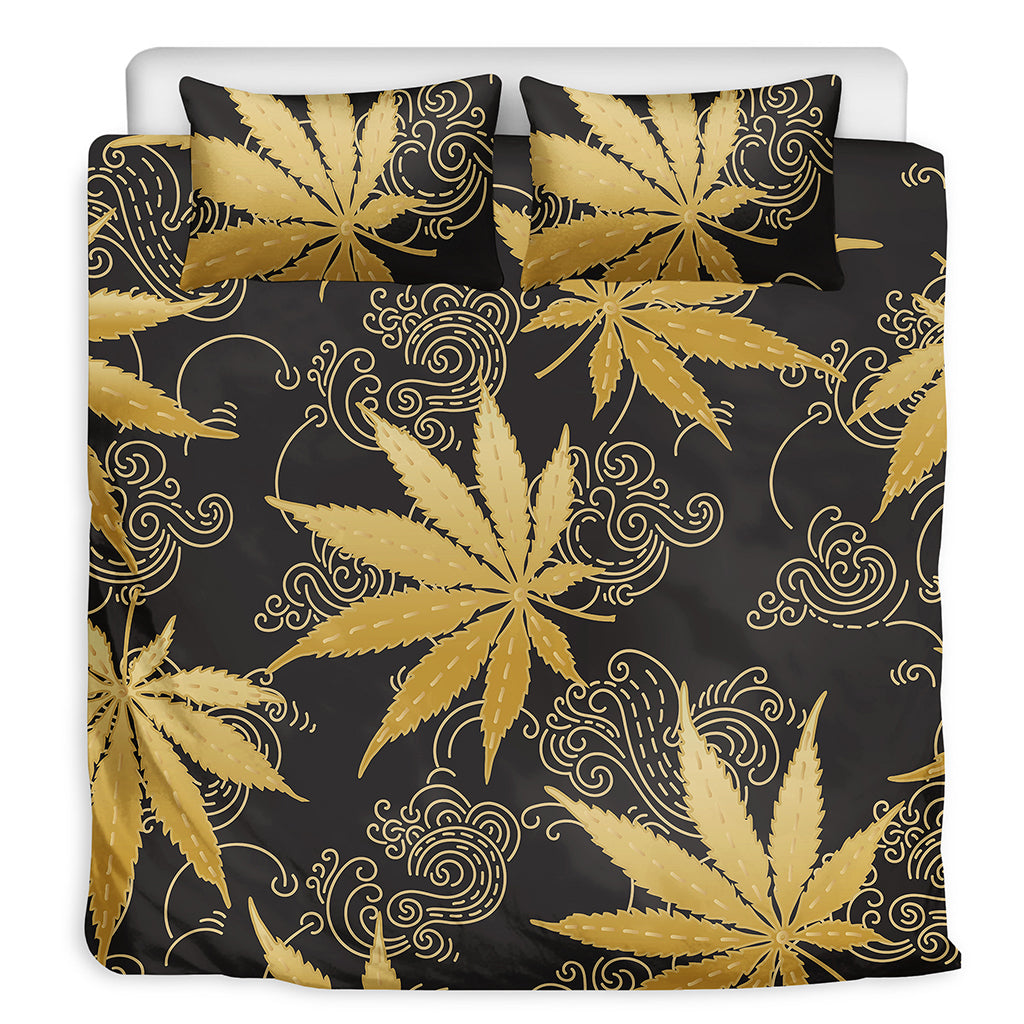 Gold Cannabis Leaf Pattern Print Duvet Cover Bedding Set