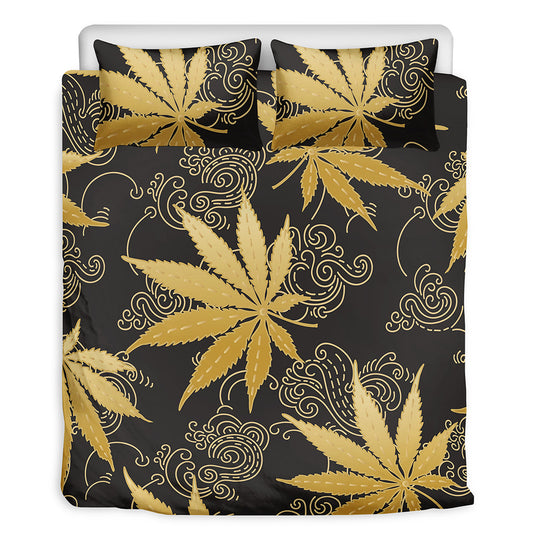 Gold Cannabis Leaf Pattern Print Duvet Cover Bedding Set