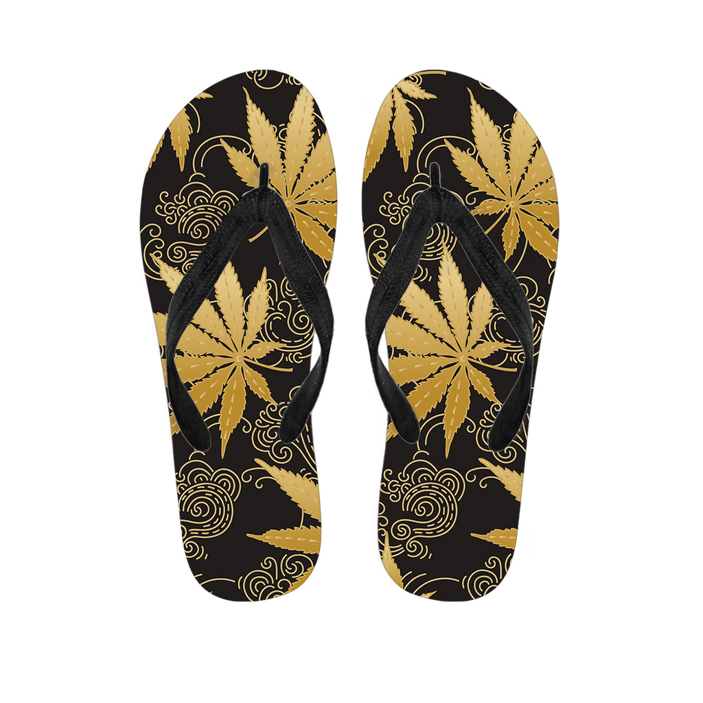 Gold Cannabis Leaf Pattern Print Flip Flops