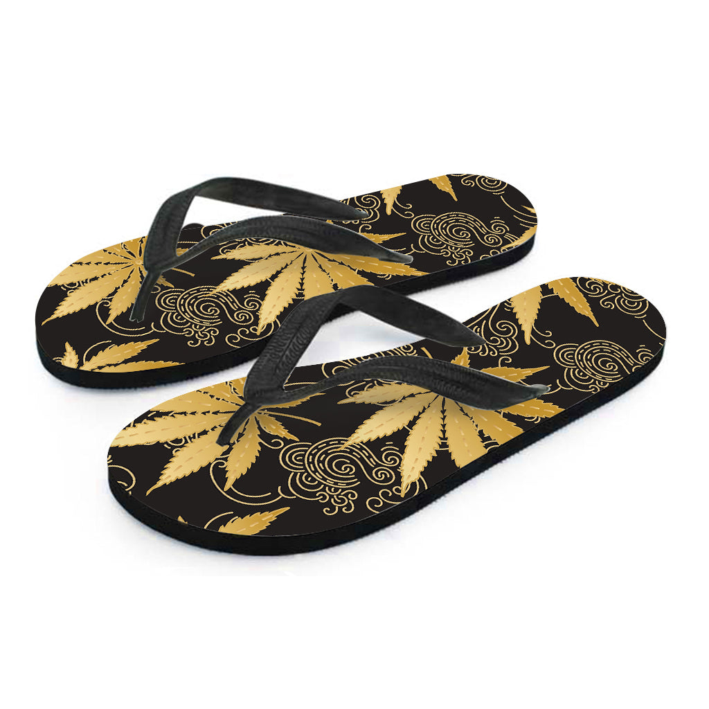 Gold Cannabis Leaf Pattern Print Flip Flops