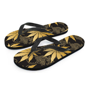 Gold Cannabis Leaf Pattern Print Flip Flops