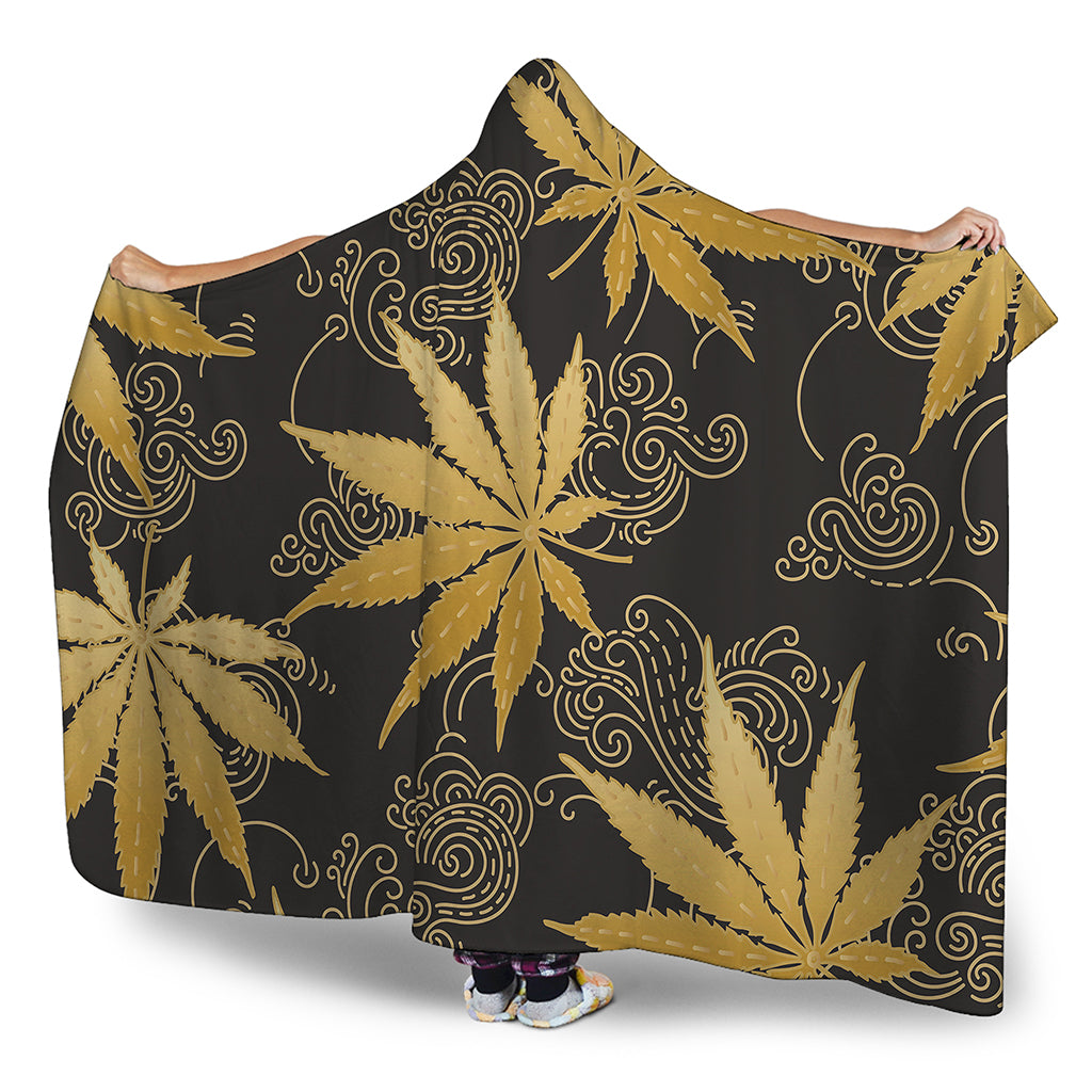 Gold Cannabis Leaf Pattern Print Hooded Blanket