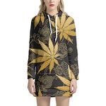 Gold Cannabis Leaf Pattern Print Hoodie Dress