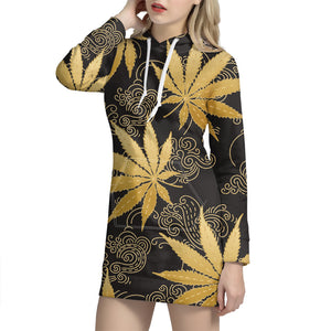 Gold Cannabis Leaf Pattern Print Hoodie Dress