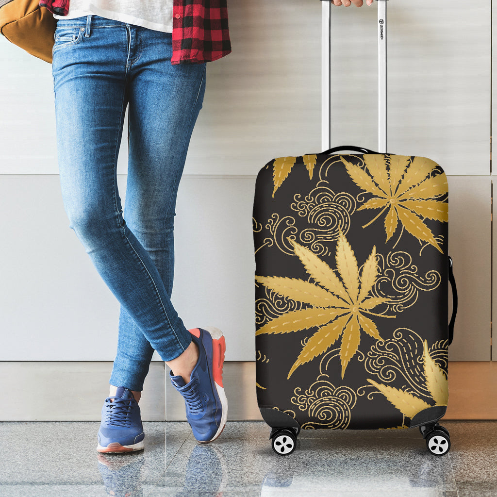 Gold Cannabis Leaf Pattern Print Luggage Cover