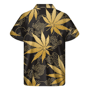 Gold Cannabis Leaf Pattern Print Men's Short Sleeve Shirt