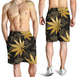 Gold Cannabis Leaf Pattern Print Men's Shorts