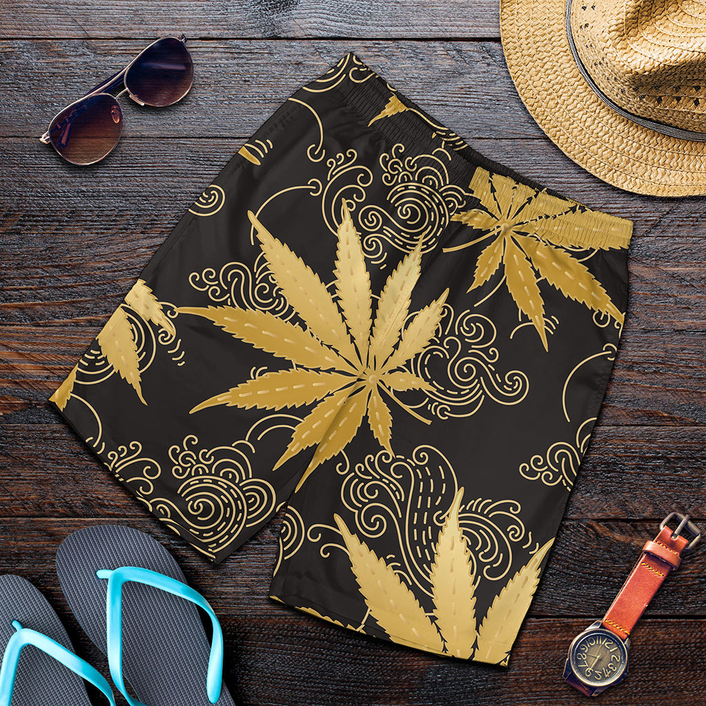 Gold Cannabis Leaf Pattern Print Men's Shorts