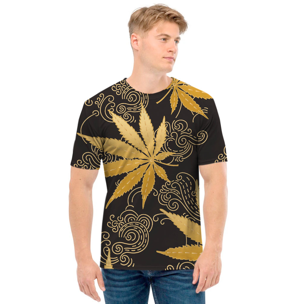 Gold Cannabis Leaf Pattern Print Men's T-Shirt