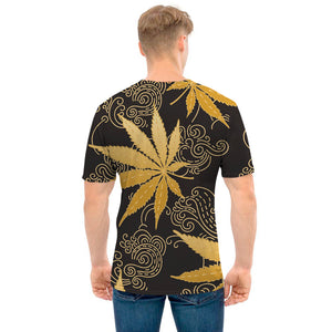 Gold Cannabis Leaf Pattern Print Men's T-Shirt