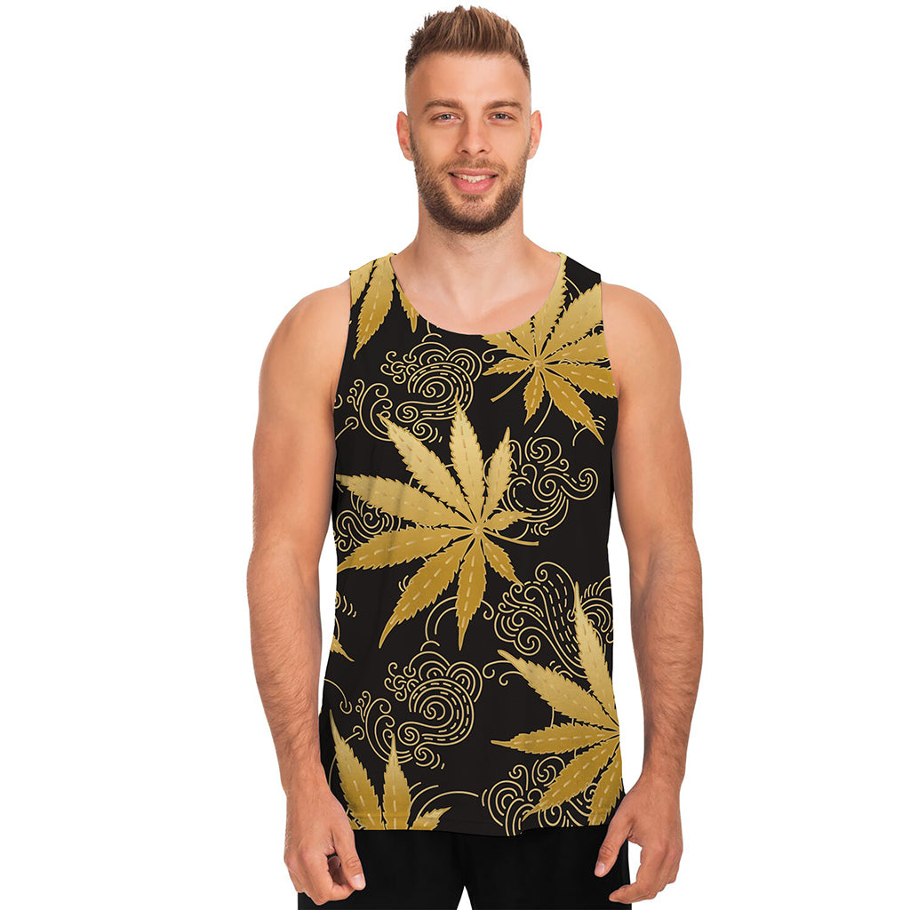 Gold Cannabis Leaf Pattern Print Men's Tank Top