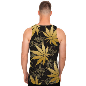 Gold Cannabis Leaf Pattern Print Men's Tank Top