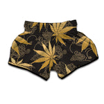 Gold Cannabis Leaf Pattern Print Muay Thai Boxing Shorts