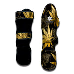 Gold Cannabis Leaf Pattern Print Muay Thai Shin Guard
