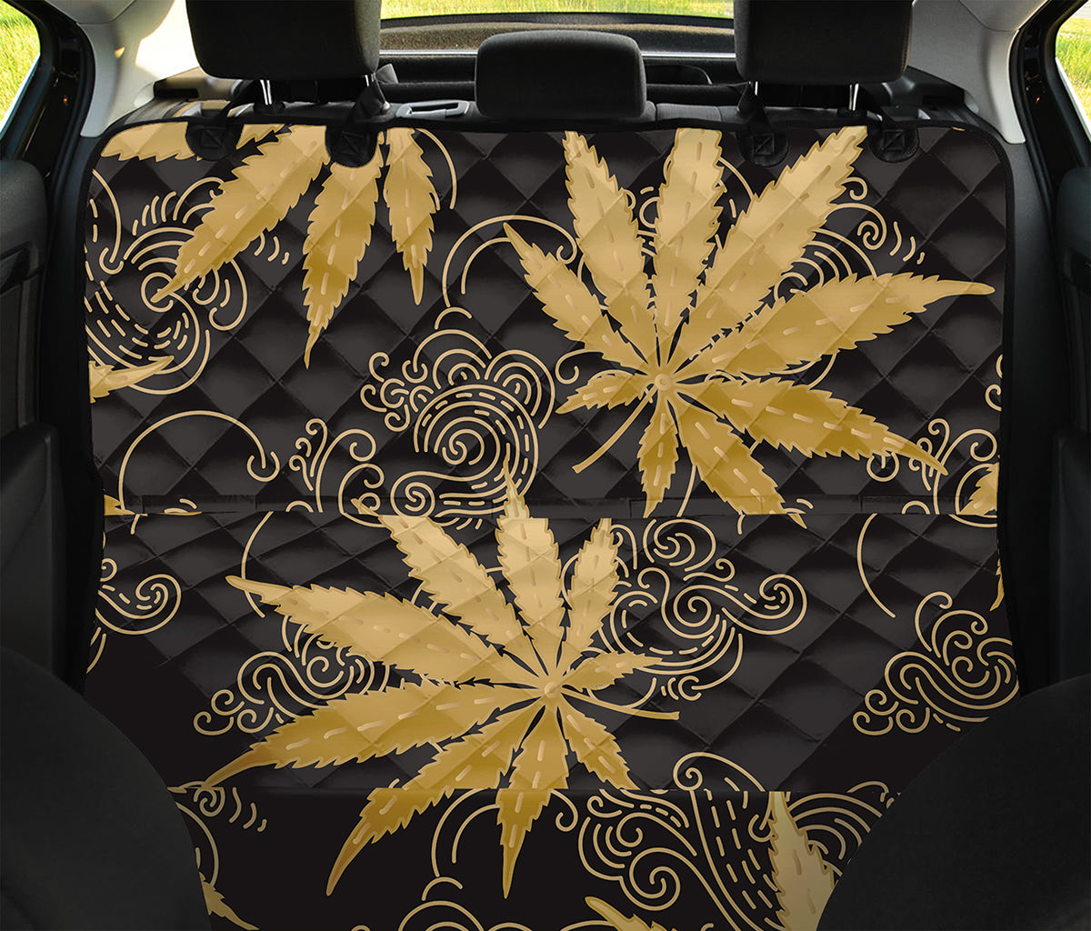 Gold Cannabis Leaf Pattern Print Pet Car Back Seat Cover