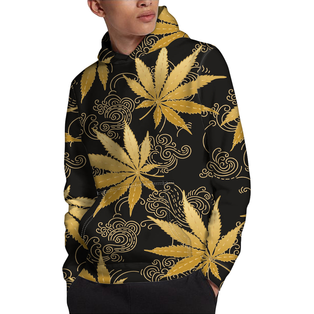 Gold Cannabis Leaf Pattern Print Pullover Hoodie