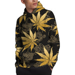 Gold Cannabis Leaf Pattern Print Pullover Hoodie