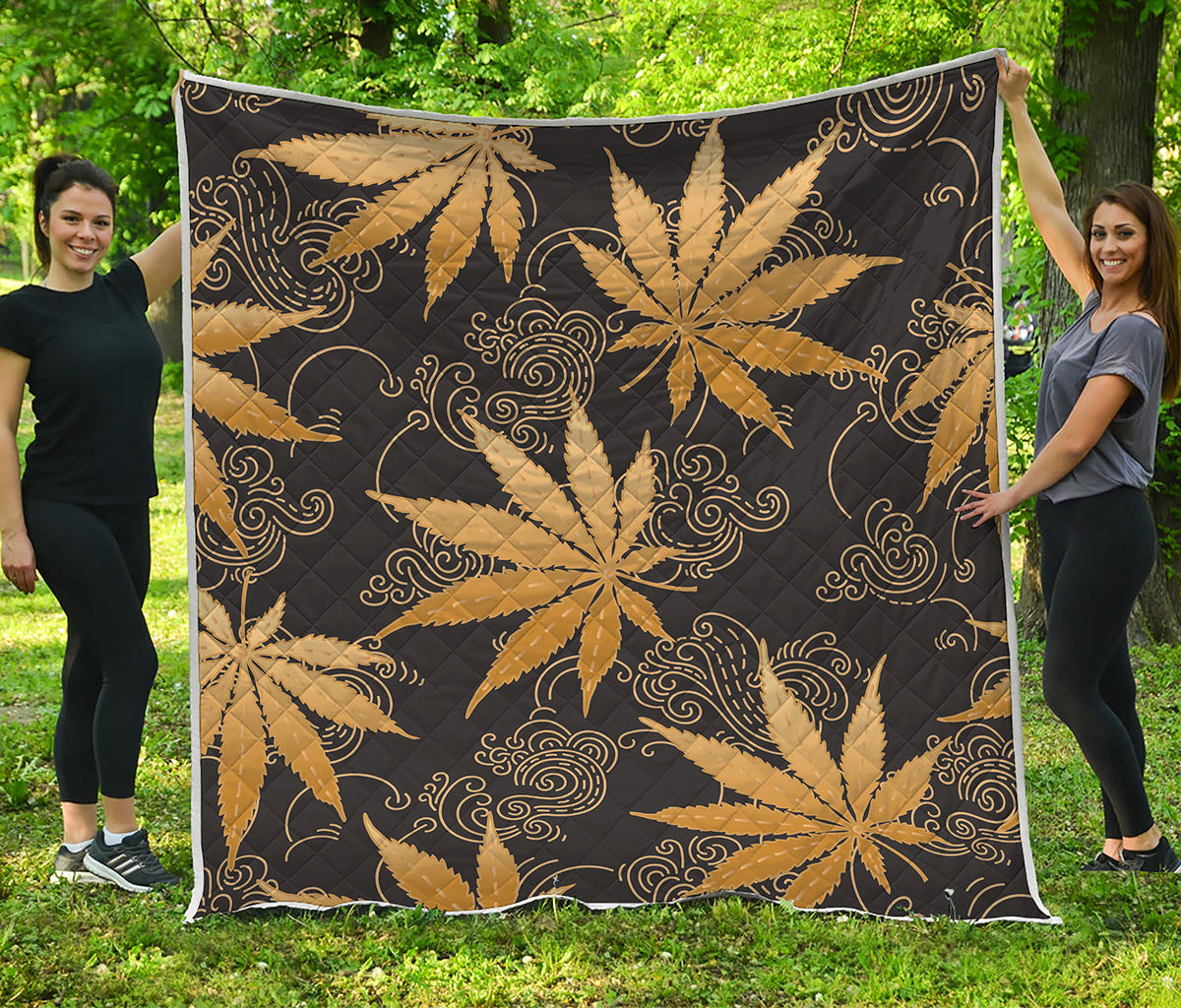 Gold Cannabis Leaf Pattern Print Quilt
