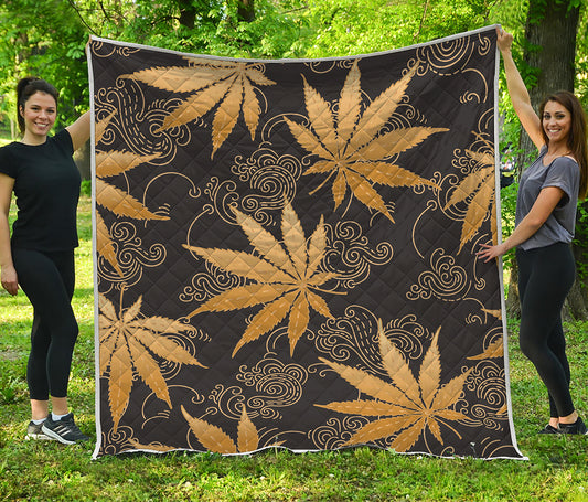 Gold Cannabis Leaf Pattern Print Quilt