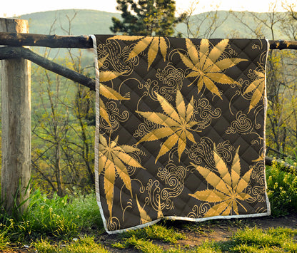 Gold Cannabis Leaf Pattern Print Quilt