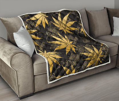 Gold Cannabis Leaf Pattern Print Quilt