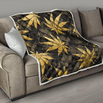 Gold Cannabis Leaf Pattern Print Quilt