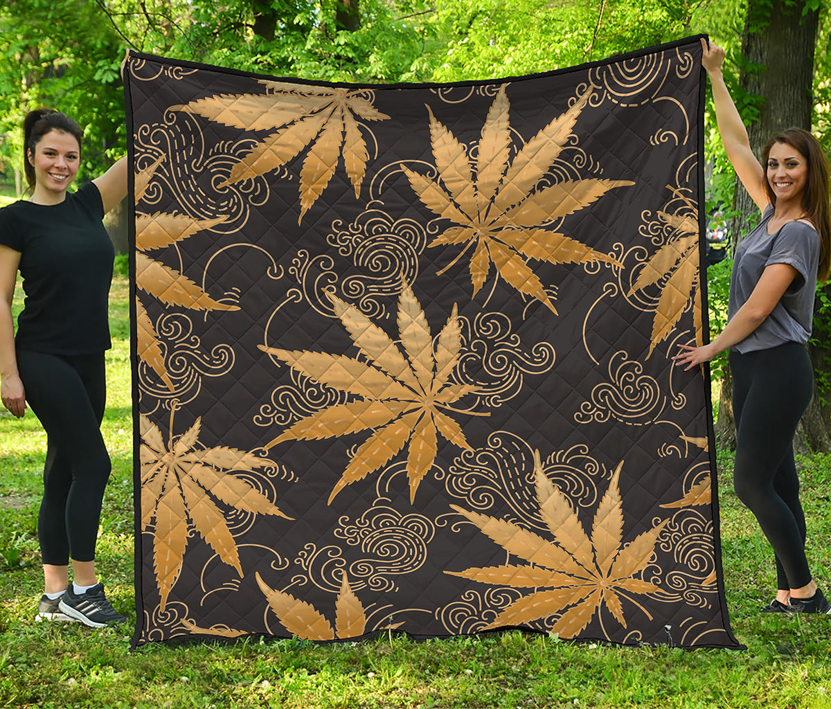 Gold Cannabis Leaf Pattern Print Quilt