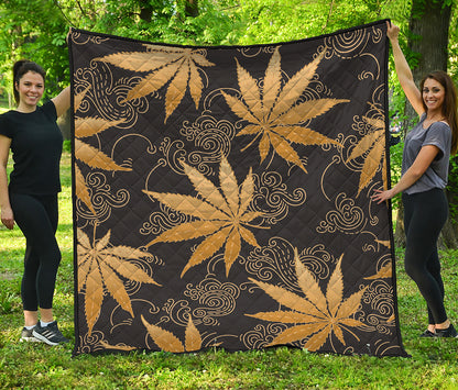 Gold Cannabis Leaf Pattern Print Quilt