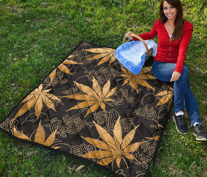 Gold Cannabis Leaf Pattern Print Quilt