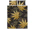 Gold Cannabis Leaf Pattern Print Quilt Bed Set