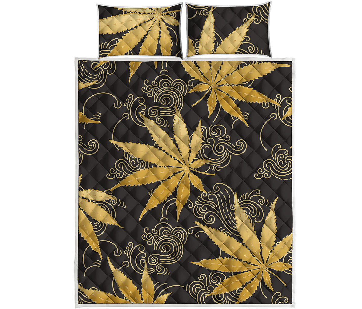 Gold Cannabis Leaf Pattern Print Quilt Bed Set