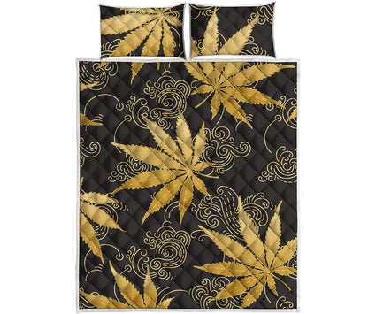 Gold Cannabis Leaf Pattern Print Quilt Bed Set