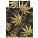 Gold Cannabis Leaf Pattern Print Quilt Bed Set
