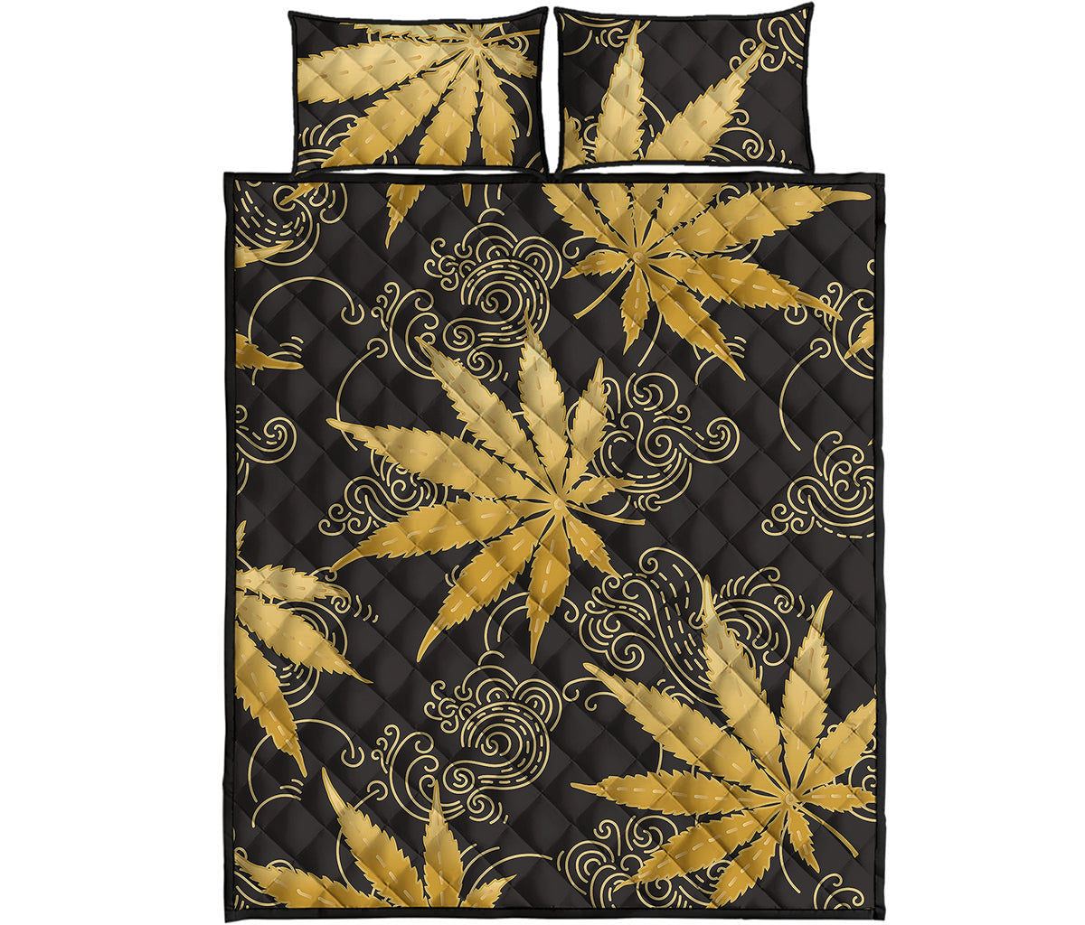 Gold Cannabis Leaf Pattern Print Quilt Bed Set