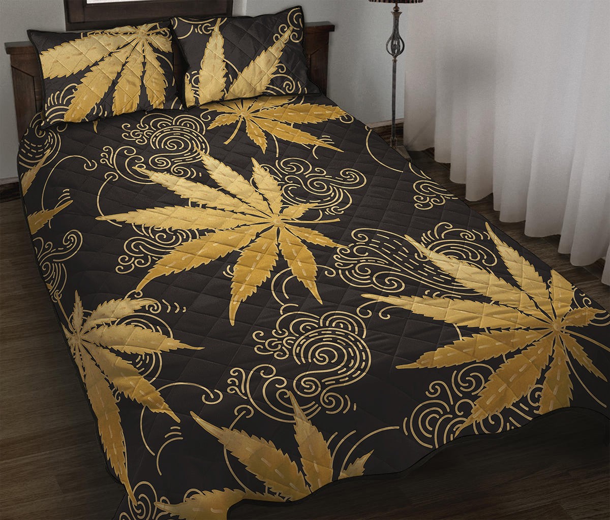Gold Cannabis Leaf Pattern Print Quilt Bed Set