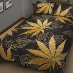 Gold Cannabis Leaf Pattern Print Quilt Bed Set