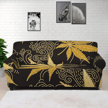 Gold Cannabis Leaf Pattern Print Sofa Cover