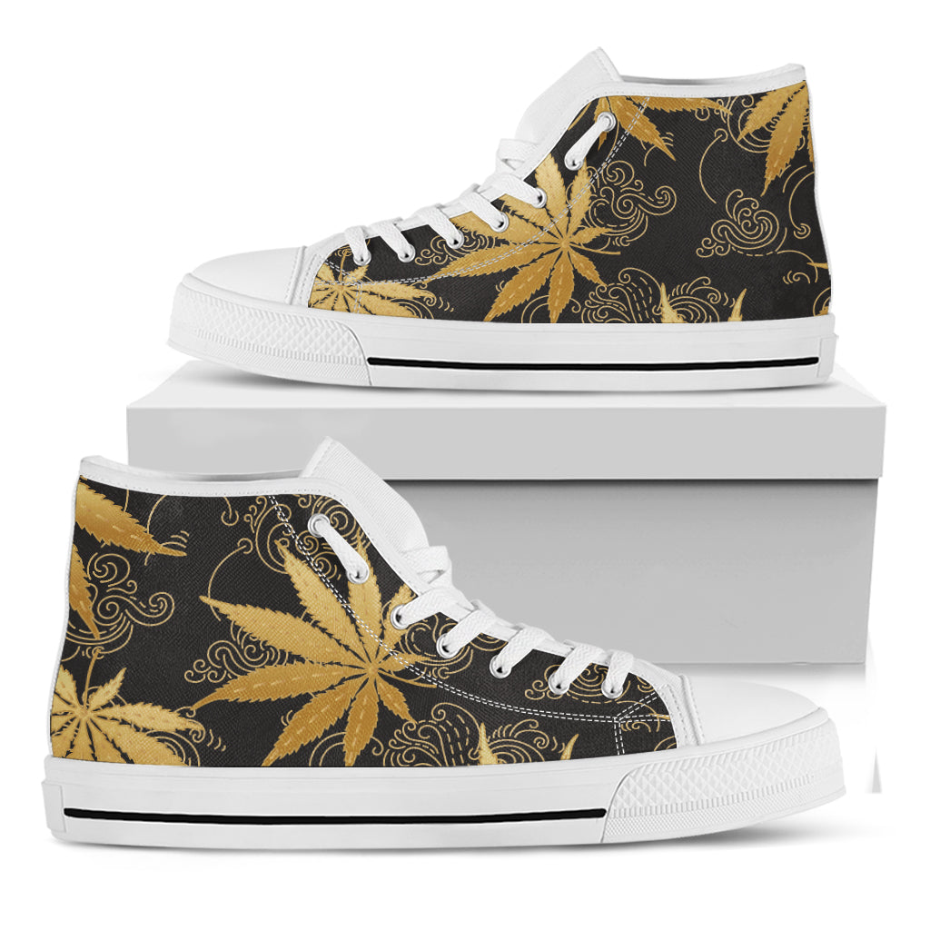 Gold Cannabis Leaf Pattern Print White High Top Shoes