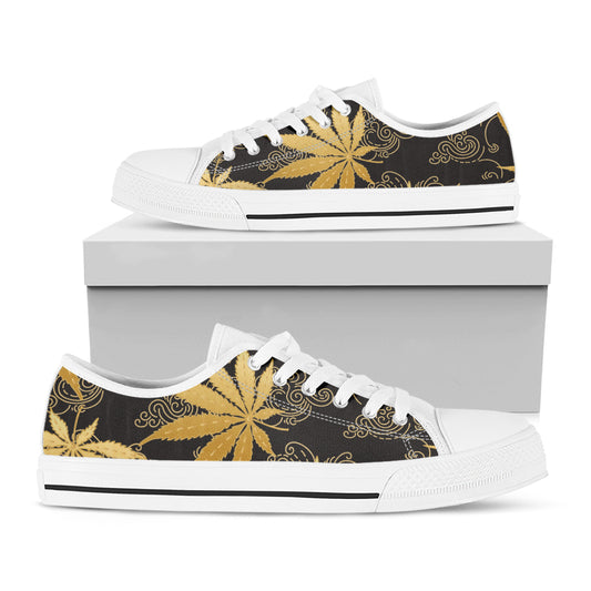 Gold Cannabis Leaf Pattern Print White Low Top Shoes