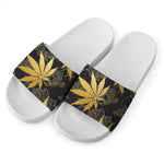 Gold Cannabis Leaf Pattern Print White Slide Sandals