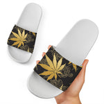 Gold Cannabis Leaf Pattern Print White Slide Sandals