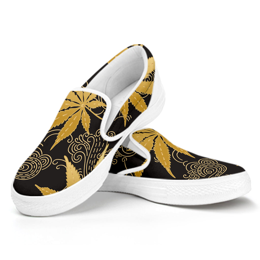 Gold Cannabis Leaf Pattern Print White Slip On Shoes