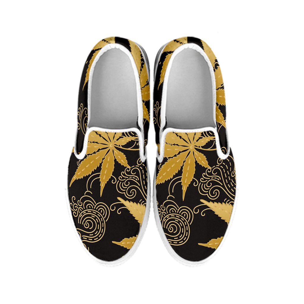 Gold Cannabis Leaf Pattern Print White Slip On Shoes