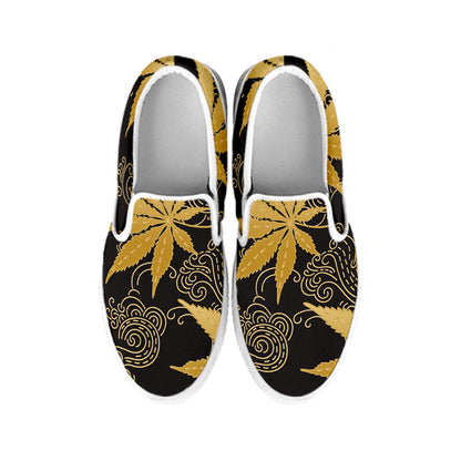Gold Cannabis Leaf Pattern Print White Slip On Shoes
