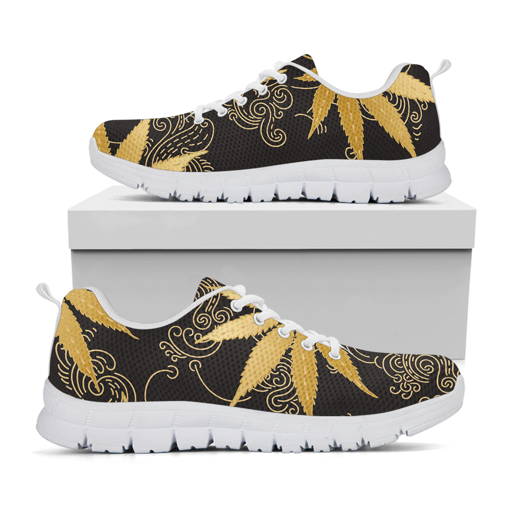 Gold Cannabis Leaf Pattern Print White Sneakers