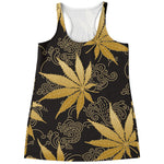 Gold Cannabis Leaf Pattern Print Women's Racerback Tank Top